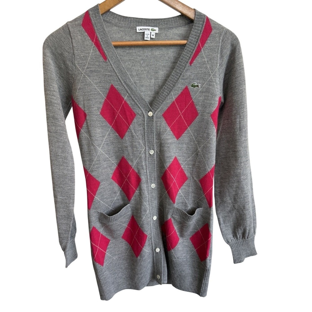 Lacoste Women's Cardigan Sweater Pure Wool Knit Devanlay Pink Grey Argyle Sz 36